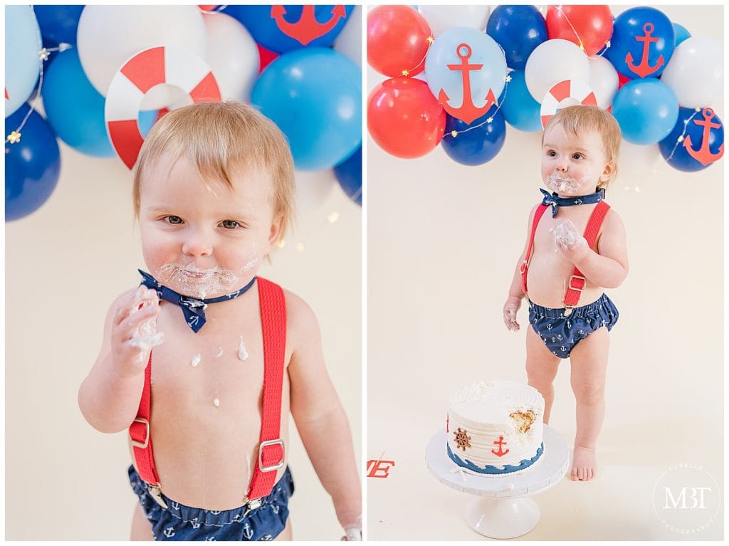 baby boy during his nautical themed cake smash photos in Reston, Virginia taken by TuBelle Photography, a Fairfax County cake smash photographer