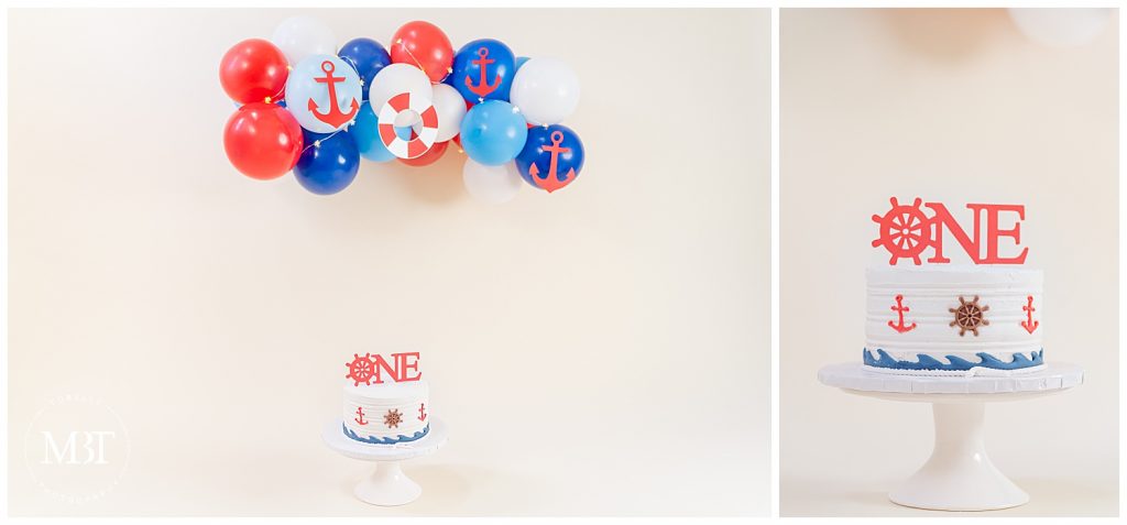 nautical themed cake & balloon arc during a cake smash photoshoot in Reston, Virginia taken by TuBelle Photography, a NoVa cake smash photographer