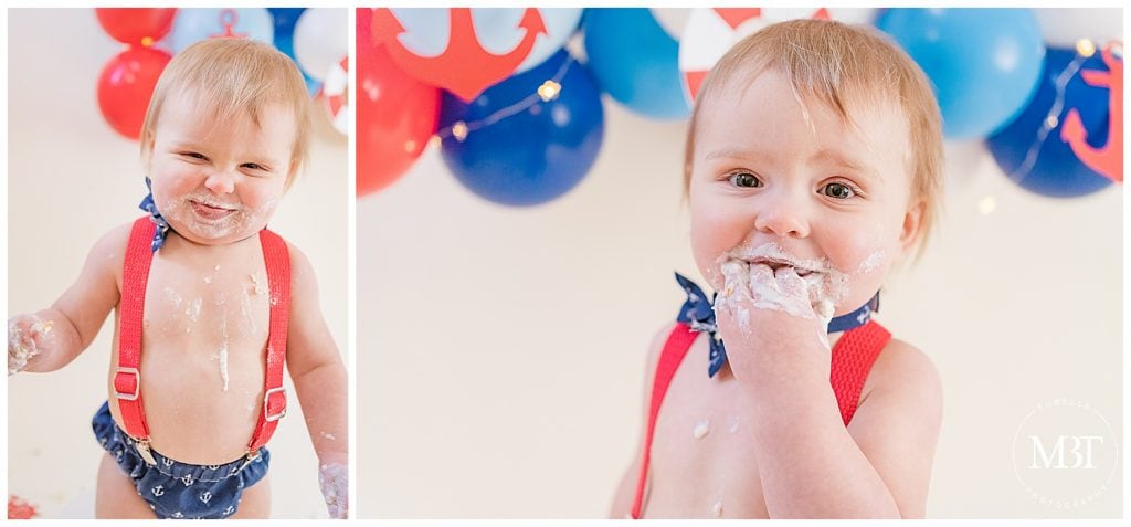baby boy during his nautical themed cake smash photoshoot in Reston, Virginia taken by TuBelle Photography, a Northern Virginia cake smash photographer