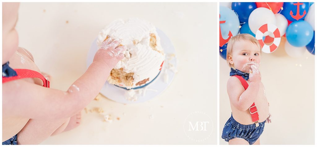 baby boy during his nautical themed cake smash photoshoot in Reston, Virginia taken by TuBelle Photography, a Virginia cake smash photographer