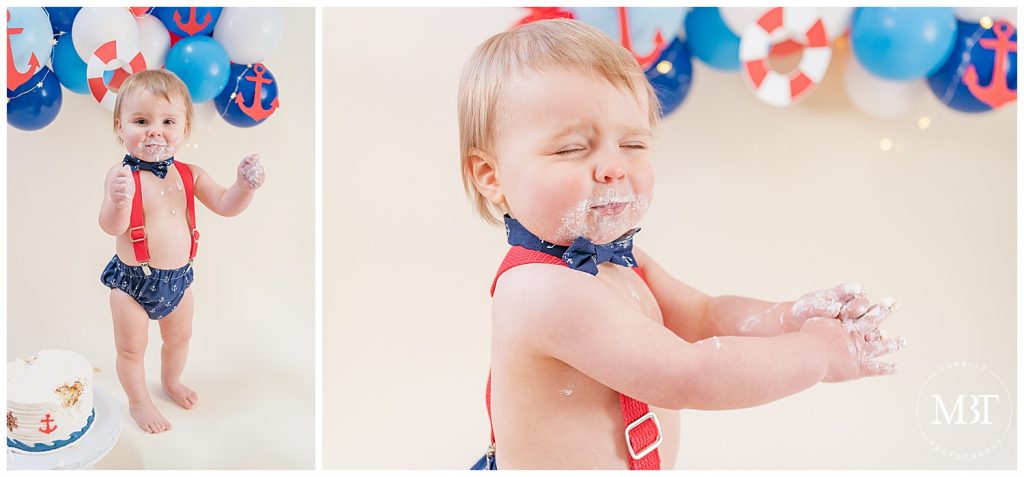 baby boy during his nautical themed cake smash pictures in Reston, Virginia taken by TuBelle Photography, a Fairfax County cake smash photographer