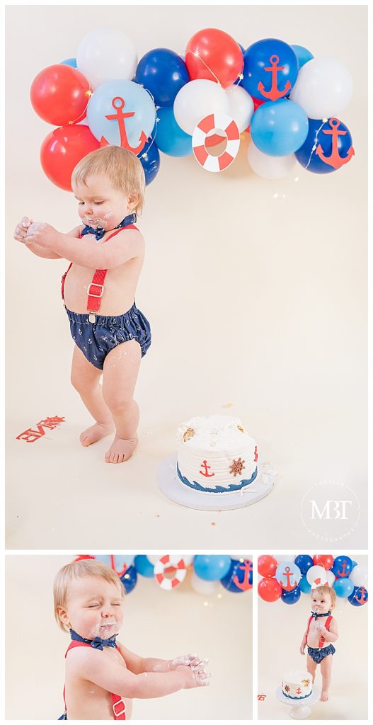 collage of nautical themed cake smash pictures in Reston, Virginia taken by TuBelle Photography, a Fairfax County cake smash photographer