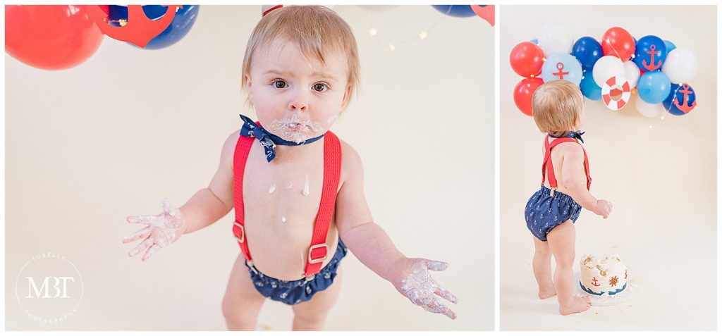 baby boy during his nautical themed cake smash session in Reston, Virginia taken by TuBelle Photography, a NoVa cake smash photographer
