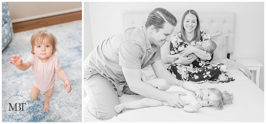 family of 4 during their in home newborn photos taken in Bristow, Virginia taken by TuBelle Photography, a Prince William County newborn photographer