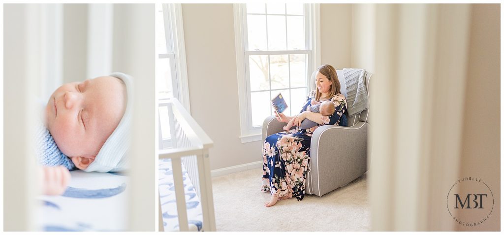 mom reading a book to baby boy during their in home newborn pictures taken in Bristow, Virginia taken by TuBelle Photography, a Northern Virginia newborn photographer