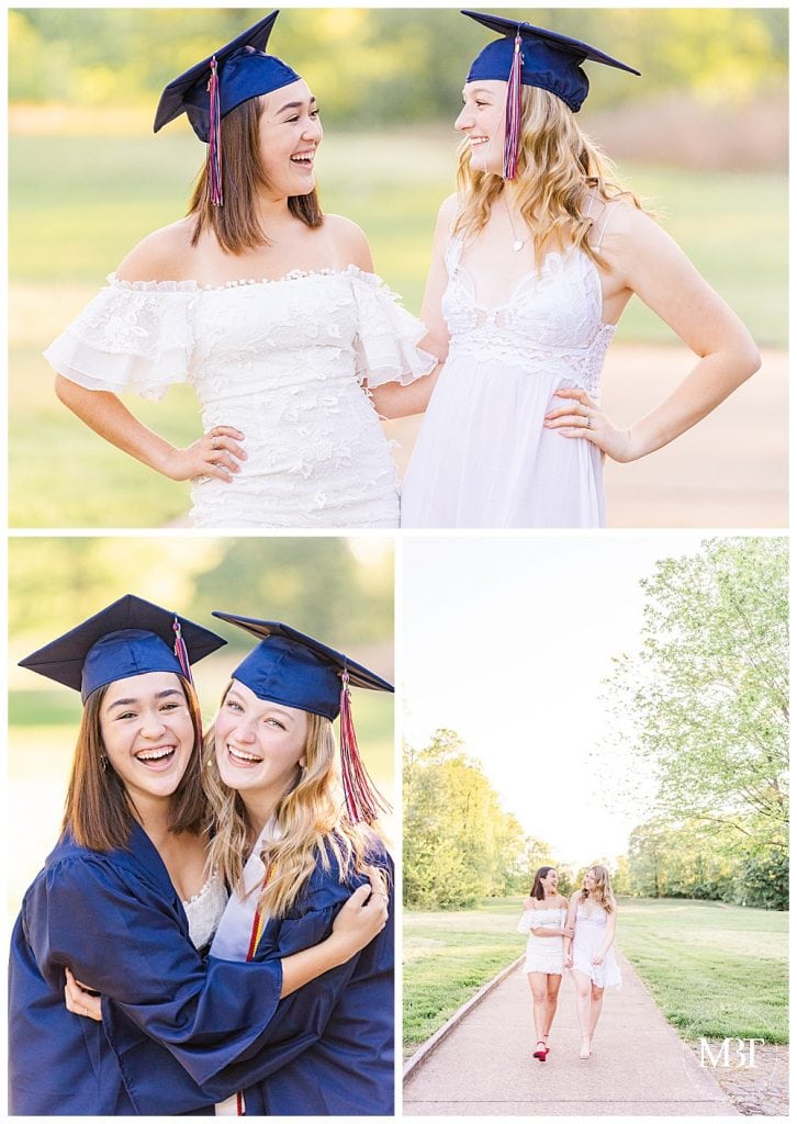 best friends wearing their graduation cap & gown laughing during their senior pictures in Gainesville, Virginia taken by TuBelle Photography, a NoVa senior photographer