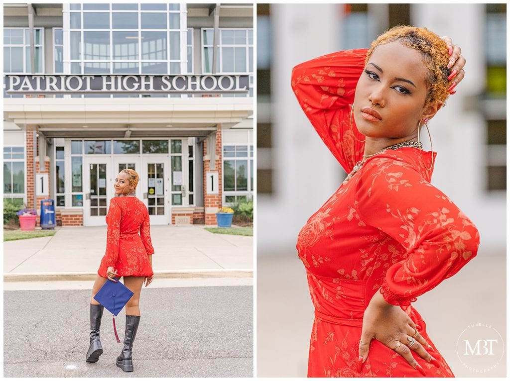 girl standing with graduation cap at Patriot High School during senior photography, taken in Nokesville, Virginia by TuBelle Photography, a Prince William County senior photographer