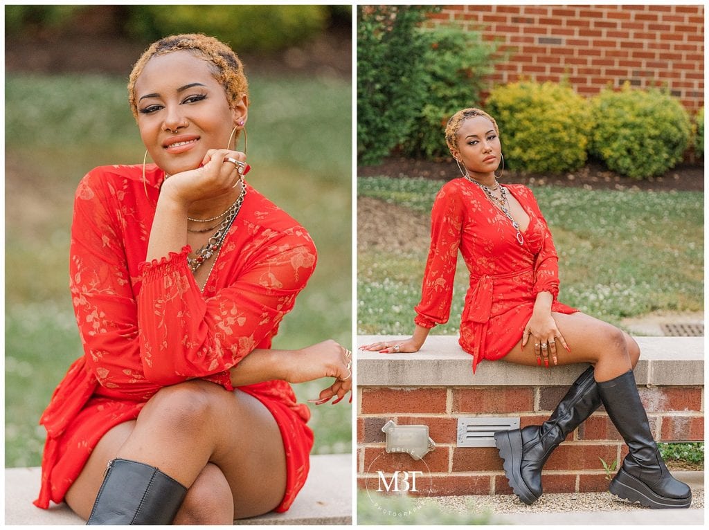 girl sitting outside Patriot High School during her senior photos, taken in Nokesville, Virginia by TuBelle Photography, a NoVa senior photographer