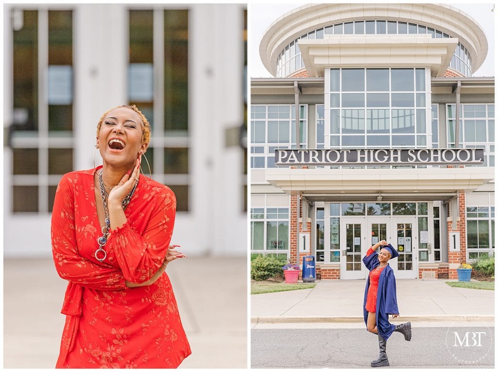 girl wearing graduation cap and gown at Patriot High School during her senior photos, taken in Nokesville, Virginia by TuBelle Photography, a Prince William County senior photographer