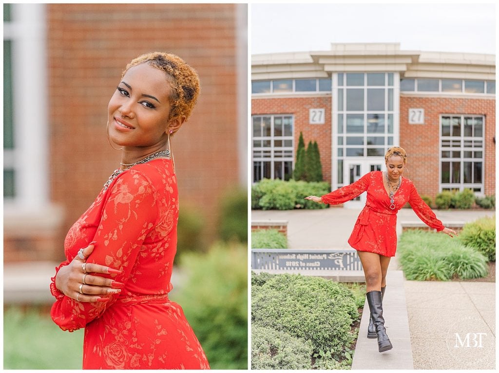 girl walking outside Patriot High School during her senior pictures, taken in Nokesville, Virginia by TuBelle Photography, a NoVa senior photographer