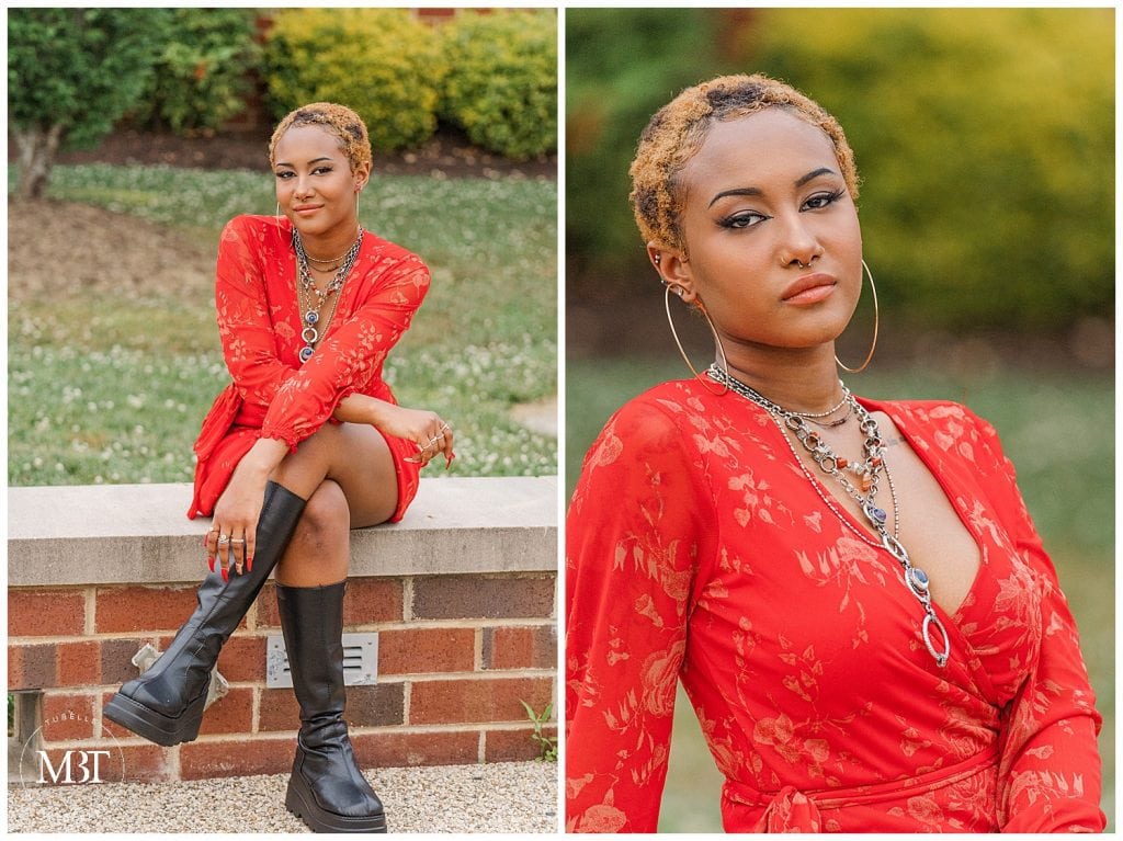 girl sitting confidently outside Patriot High School during her senior pictures, taken in Nokesville, Virginia by TuBelle Photography, a DMV senior photographer