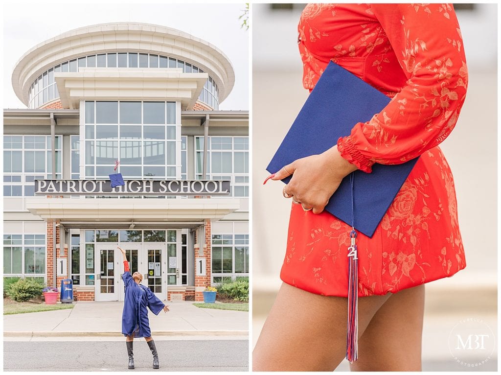 girl wearing graduation gown throwing her cap at Patriot High School during her senior pictures, taken in Nokesville, Virginia by TuBelle Photography, a Prince William County senior photographer