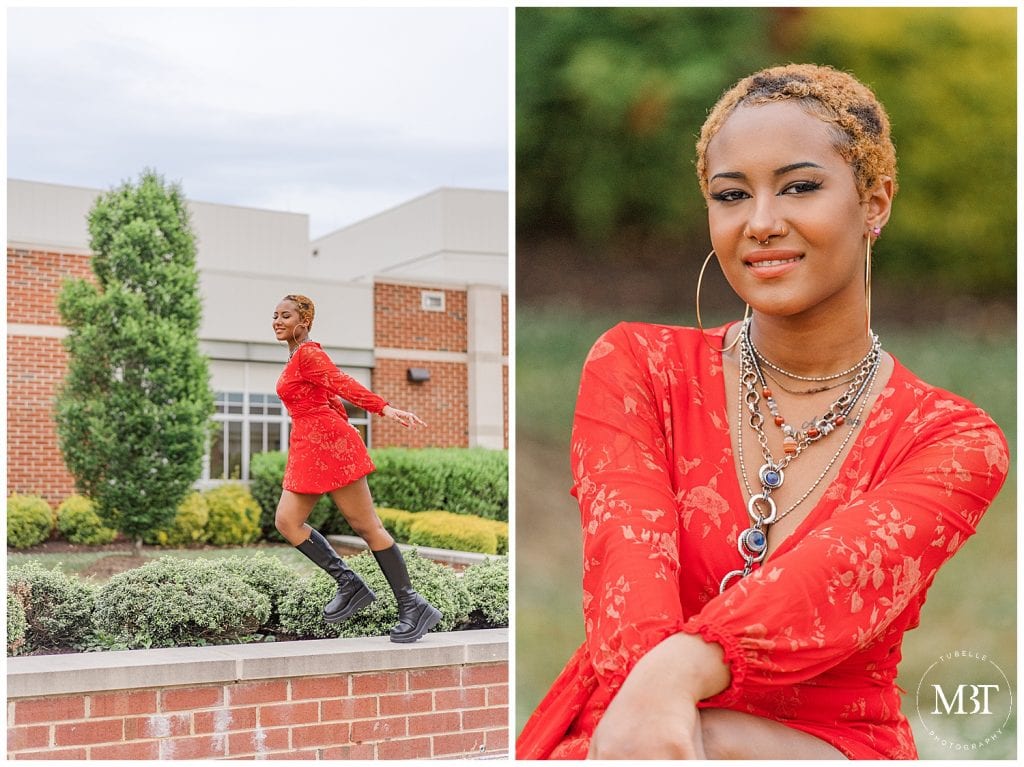 girl having fun outside Patriot High School during her senior portraits, taken in Nokesville, Virginia by TuBelle Photography, a DMV senior photographer