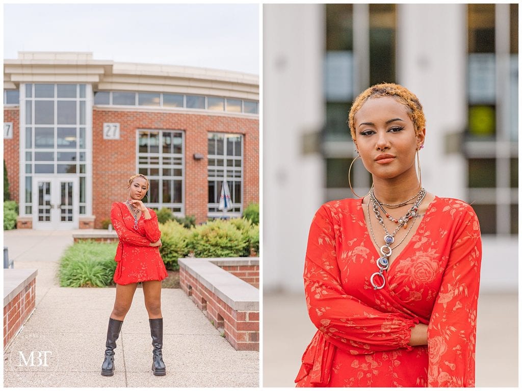 girl standing outside Patriot High School during her senior session, taken in Nokesville, Virginia by TuBelle Photography, a DMV senior photographer