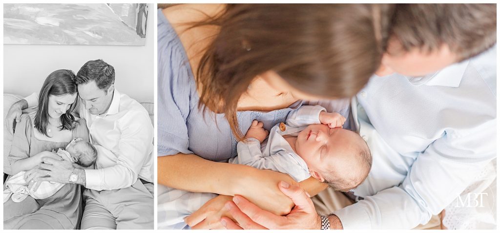 dad and mom admiring baby during in home newborn photography taken in Ashburn, Virginia by TuBelle Photography a Northern Virginia newborn photographer