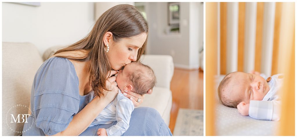 mom kissing baby's forehead during in home newborn photos taken in Ashburn, Virginia by TuBelle Photography a Northern Virginia newborn photographer
