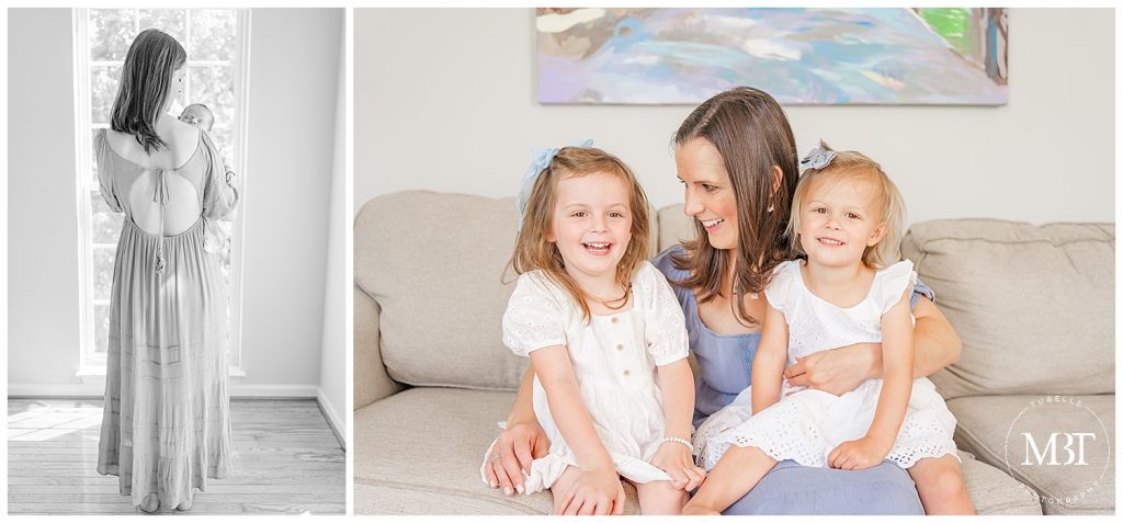 mom playing with big sisters during in home newborn session taken in Ashburn, Virginia by TuBelle Photography a Northern Virginia newborn photographer