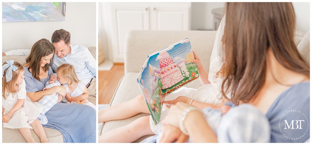 family admiring baby during lifestyle newborn photography taken in Ashburn, Virginia by TuBelle Photography a Loudoun County newborn photographer