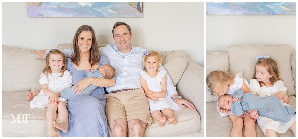 big sister kissing baby during lifestyle newborn photography taken in Ashburn, Virginia by TuBelle Photography a Northern Virginia newborn photographer