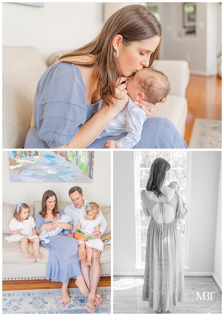mom with newborn baby boy during lifestyle newborn photos taken in Ashburn, Virginia by TuBelle Photography a NoVa newborn photographer