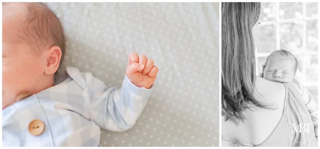 baby's hand during lifestyle newborn photos taken in Ashburn, Virginia by TuBelle Photography a Northern Virginia newborn photographer