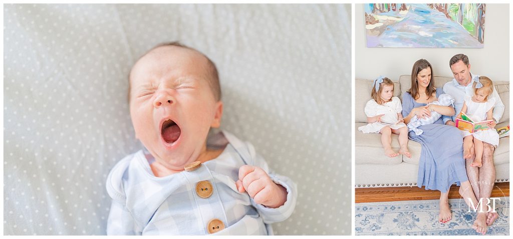 big sisters reading to baby during lifestyle newborn pictures taken in Ashburn, Virginia by TuBelle Photography a Loudoun County newborn photographer