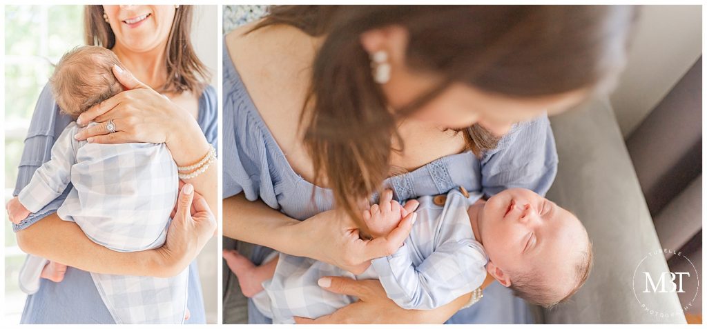 mom holding baby during lifestyle newborn pictures taken in Ashburn, Virginia by TuBelle Photography a Northern Virginia newborn photographer