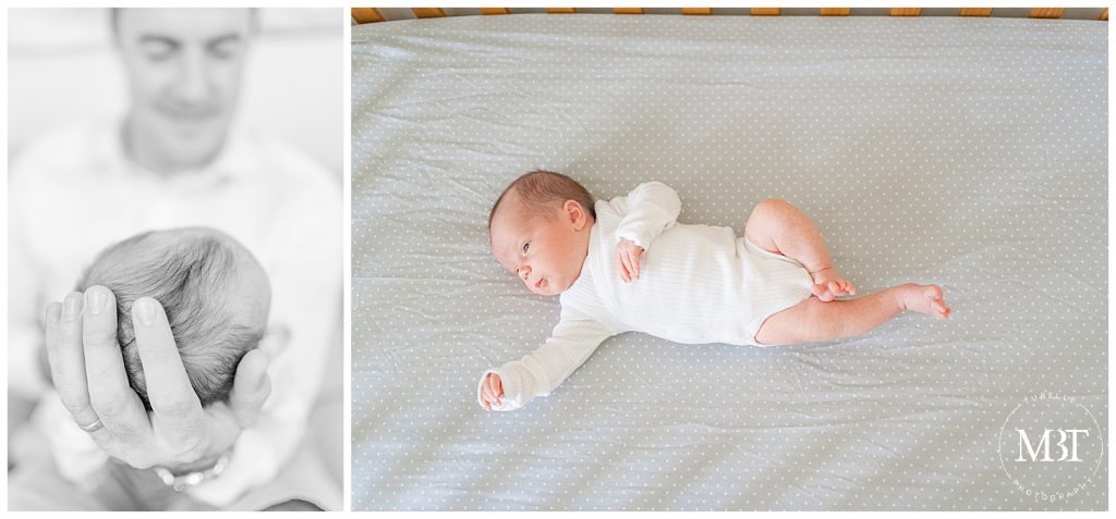 dad holding baby during lifestyle newborn session taken in Ashburn, Virginia by TuBelle Photography a Loudoun County newborn photographer