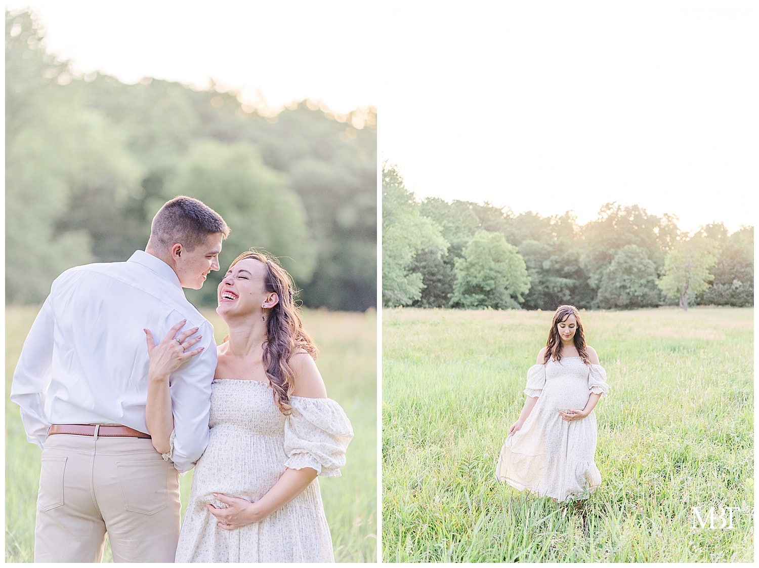expecting couple laughing during their maternity photo shoot at Manassas Battlefield, taken by TuBelle Photography, a Northern Virginia maternity photographer