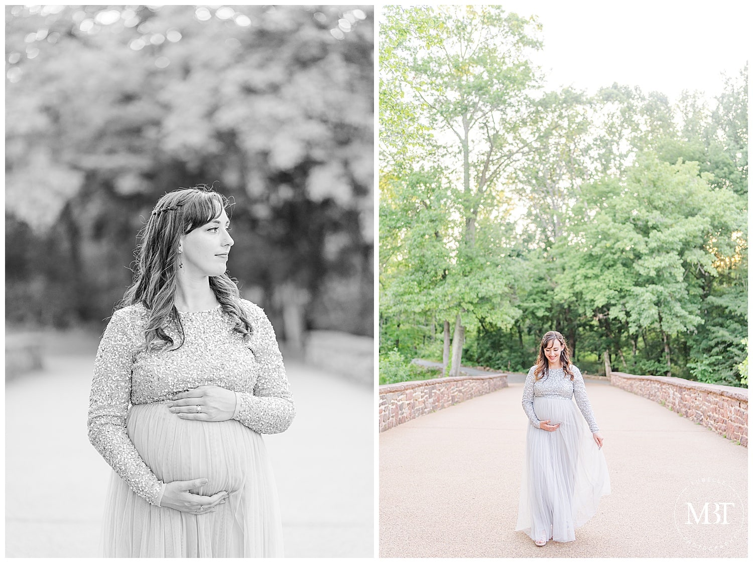 expecting mom walking by the bridge during her Prince William County, Virginia maternity photos, taken by TuBelle Photography, a Northern VA maternity photographer
