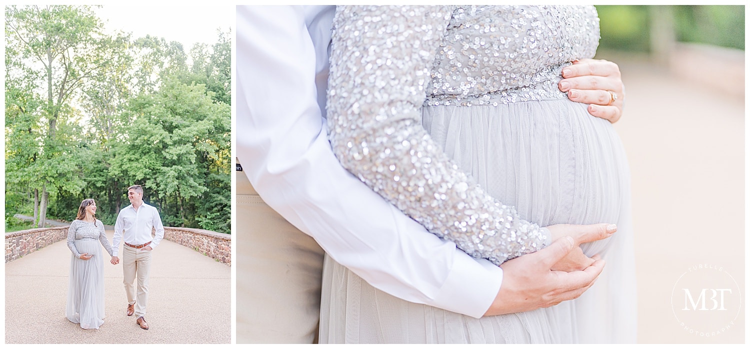 expecting couple walking by the bridge during their Prince William County, Virginia maternity pictures, taken by TuBelle Photography, a Northern VA maternity photographer