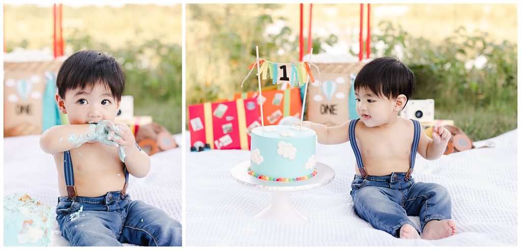 baby eating icing during time flies cake smash in Northern Virginia
