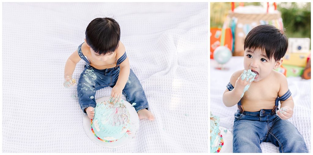 baby eating cake during time flies cake smash in Northern Virginia