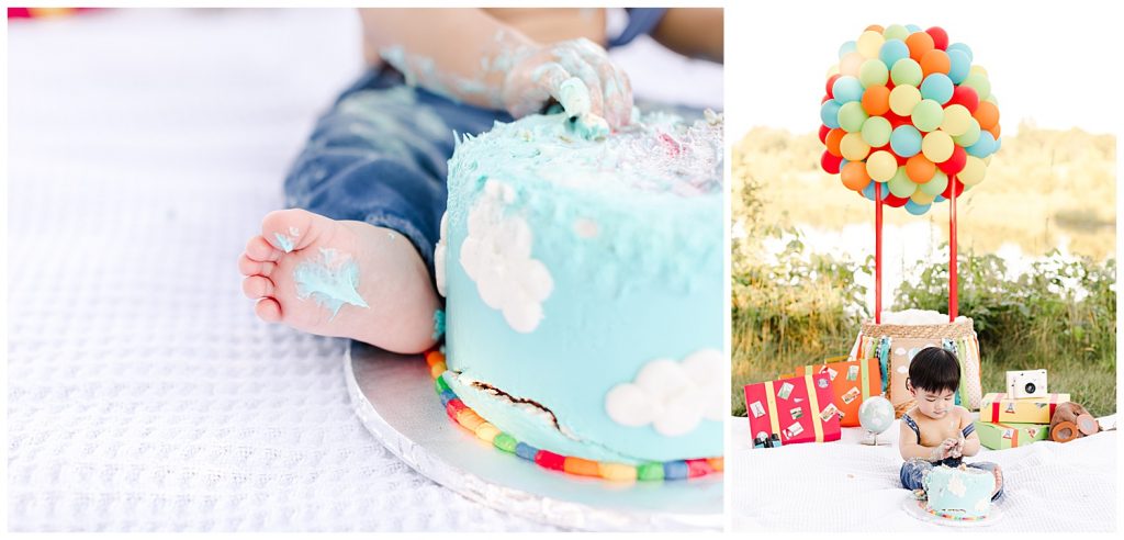 baby playing with cake during time flies cake smash in Northern Virginia