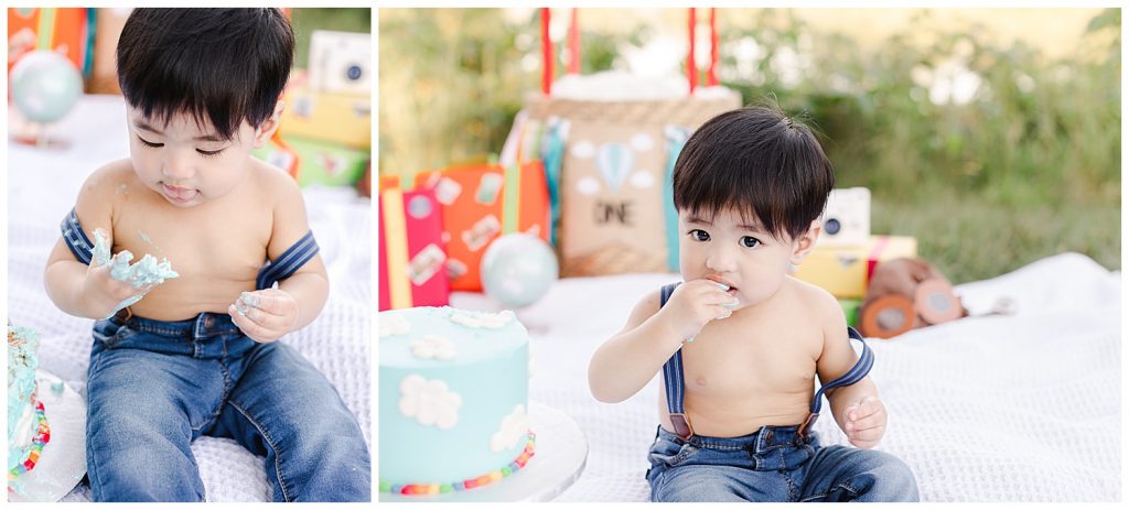 baby eating cake during time flies cake smash in Northern Virginia