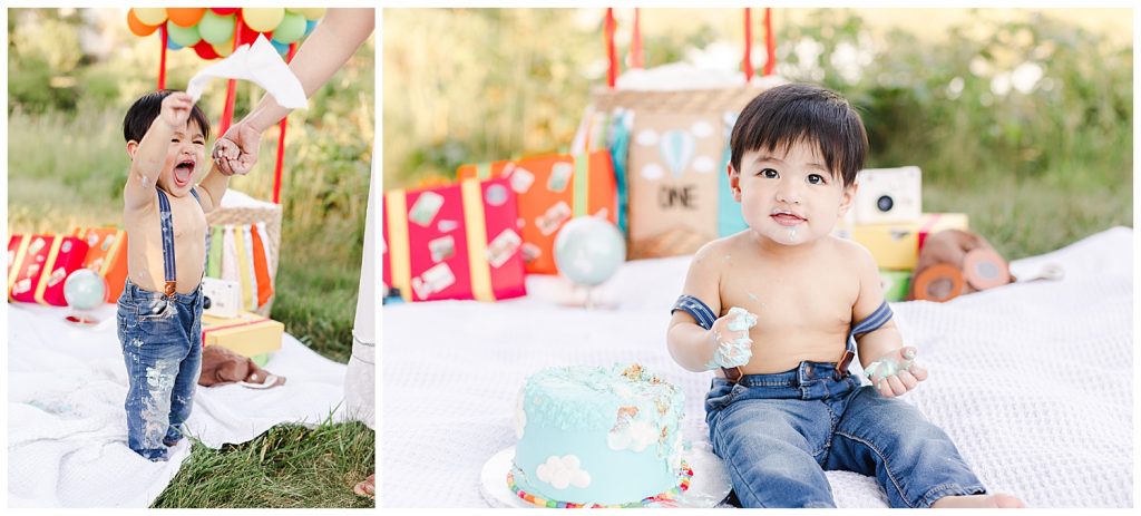baby happily playing with wipes during time flies cake smash in Northern Virginia