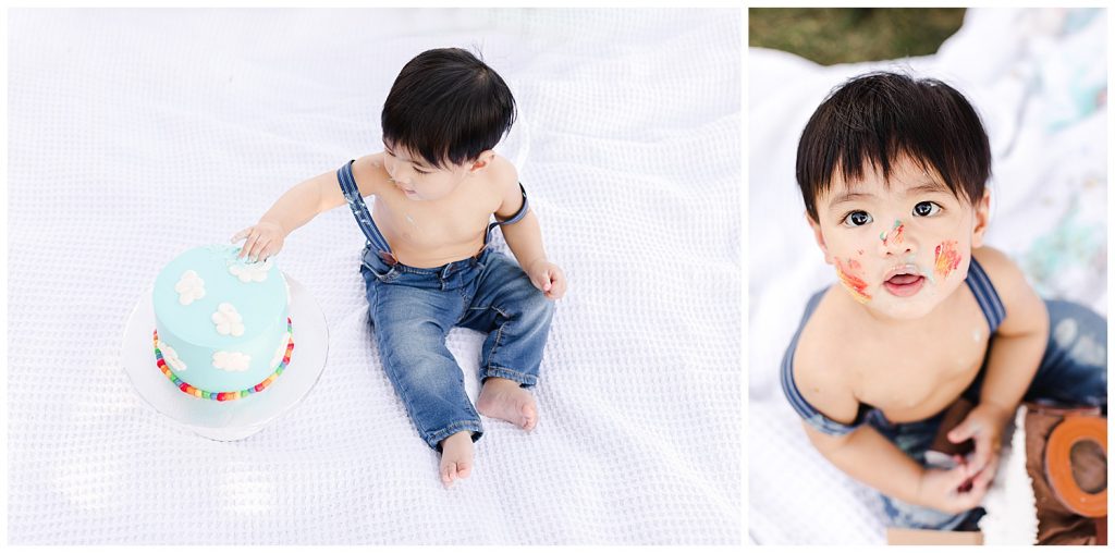 baby playing with cake during time flies cake smash in Northern Virginia