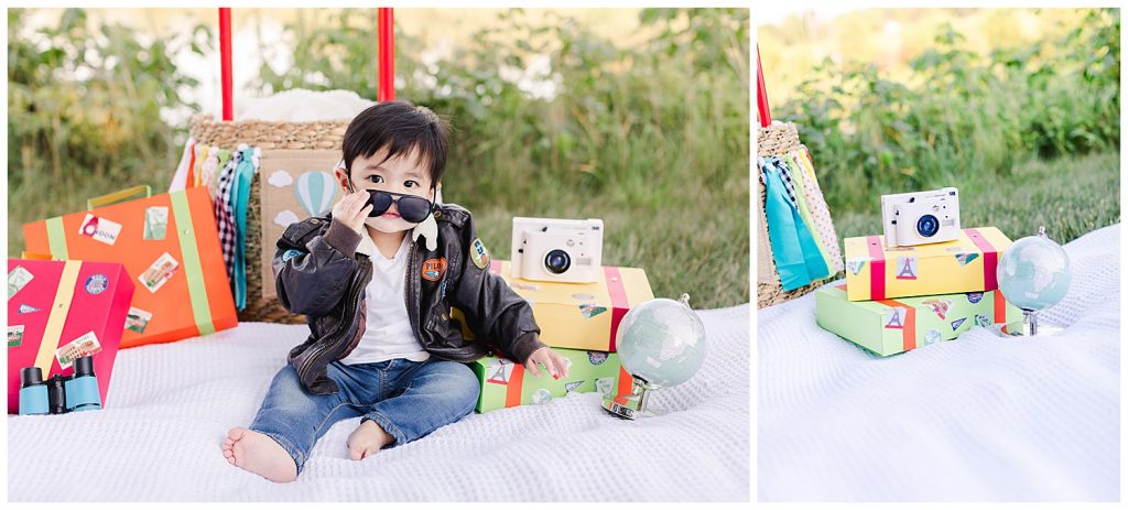 baby pulling his sunglasses off during time flies cake smash in Northern Virginia