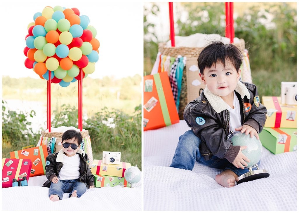 baby wearing aviators during time flies cake smash in Northern Virginia