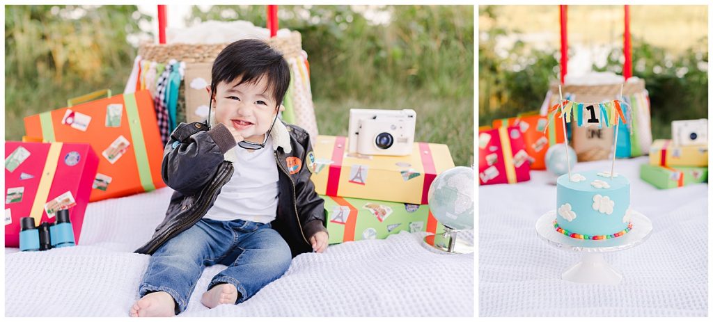 baby smiling pulling his aviators off during time flies cake smash in Northern Virginia