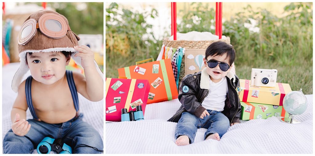 baby smiling wearing aviators & hat during time flies cake smash in Northern Virginia