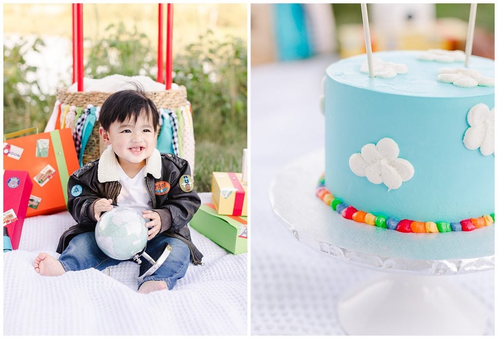 baby playing with globe during time flies cake smash in Northern Virginia