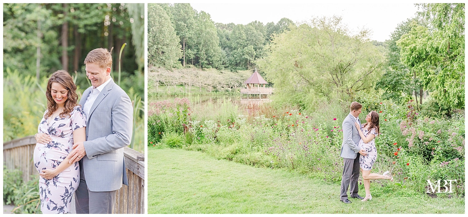 Mom and Dad To Be smile down at her baby bump at their Maternity Photos in NoVa taken by TuBelle Photography a NoVa Photographer.
