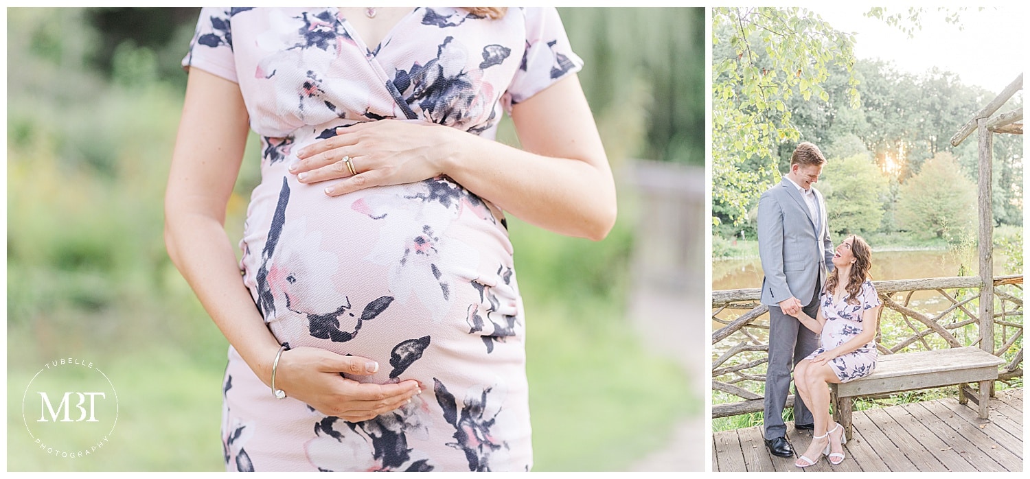 Expectant Mom places hands around her baby bump at her Maternity Photography Fairfax County Virginia at the Meadowlark Botanical Gardens taken by TuBelle Photography a Northern Virginia Photographer.