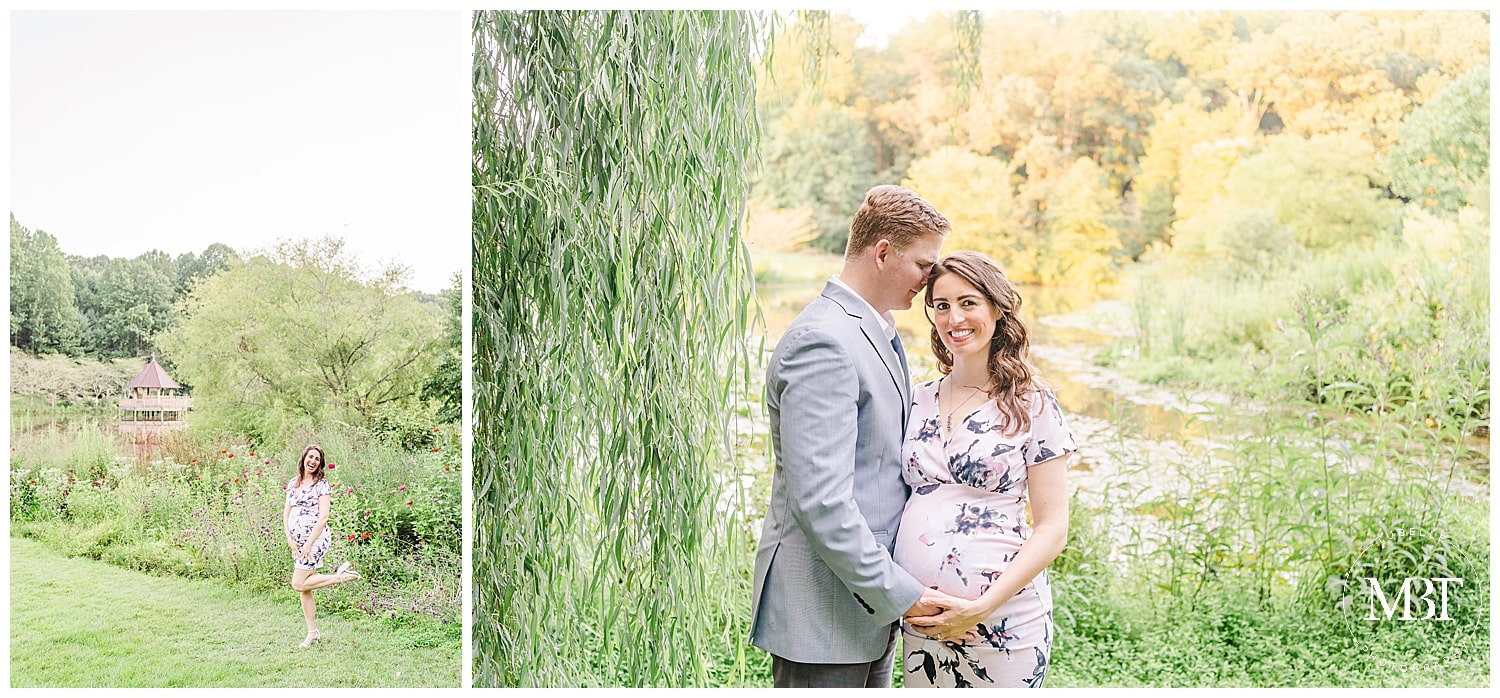 Expectant Mom and Dad smile at the camera at their Maternity Pictures in DMV taken by TuBelle Photographer a NoVa Photographer.