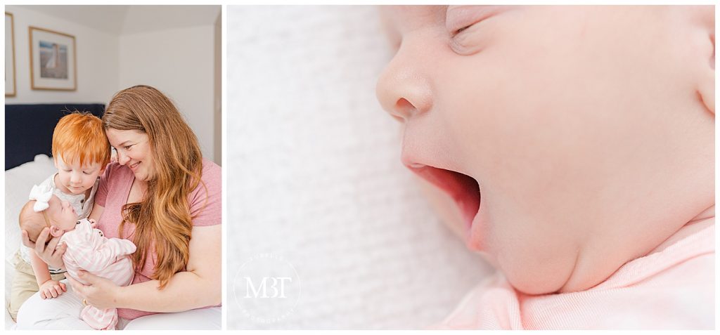 mom, big brother looking at baby during their newborn photos, taken in Arlington, Virginia by a DMV newborn photographer