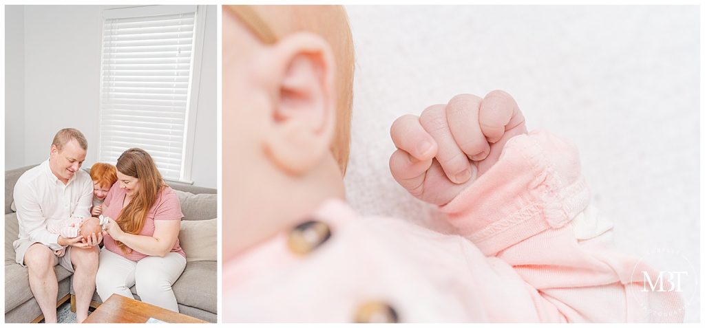 in-home newborn session in arlington virginia taken by Tubelle Photography a Northern Virginia Photographer with mom dad and big brother cuddling baby girl