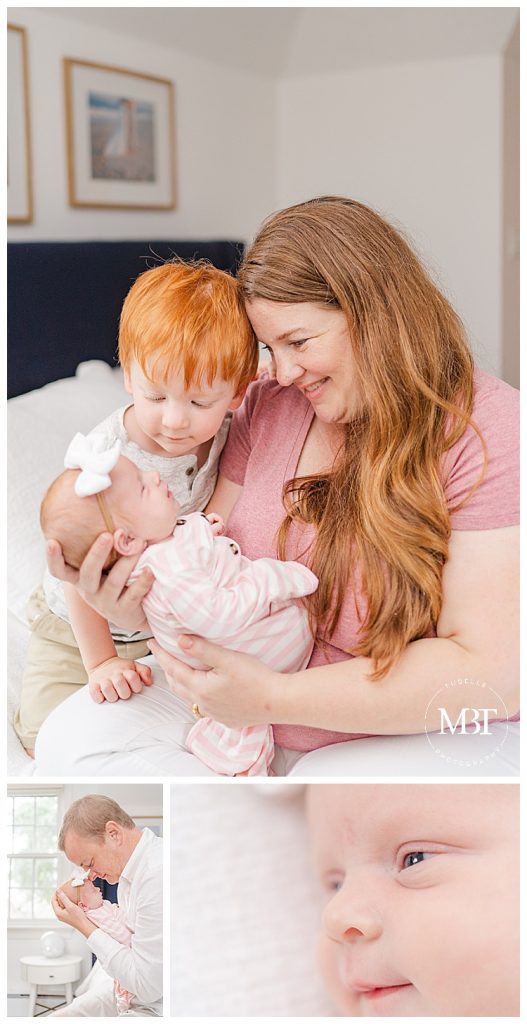 collage of in-home newborn photos in Northern Virginia with mom dad and big brother