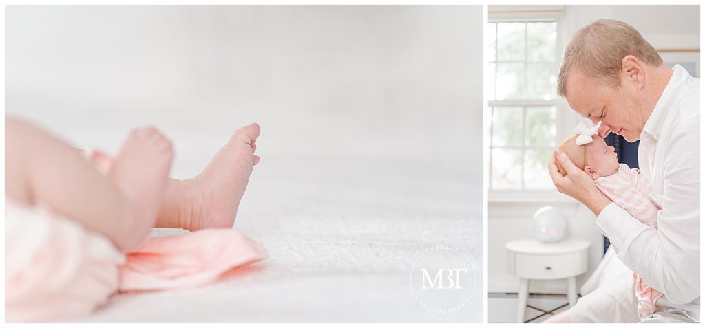dad looking at baby during their newborn pictures, taken in Arlington, Virginia by a DMV newborn photographer