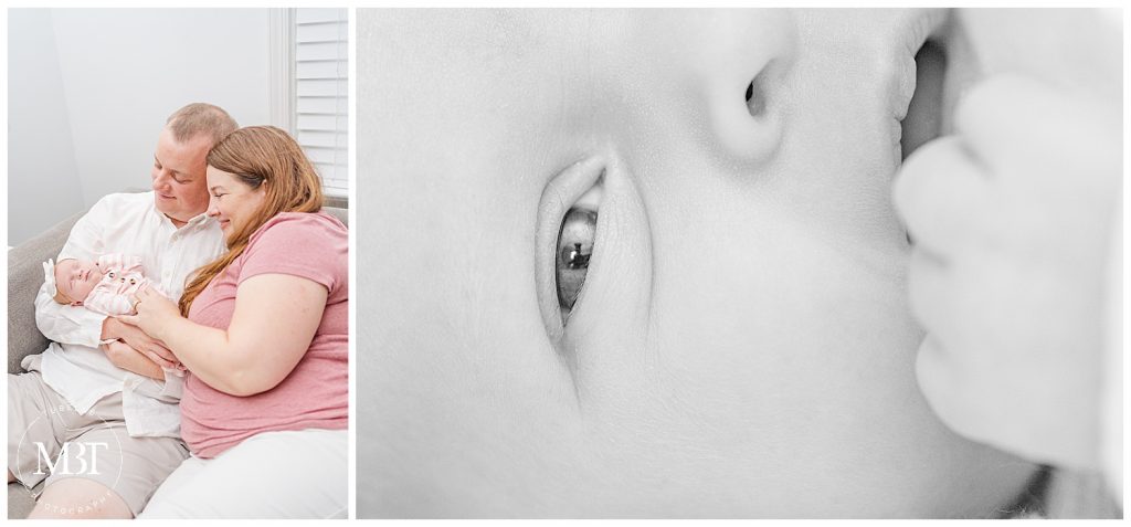 in-home newborn portraits in dmv taken by TuBelle Photography of Northern Virginia of mom and dad smiling at baby